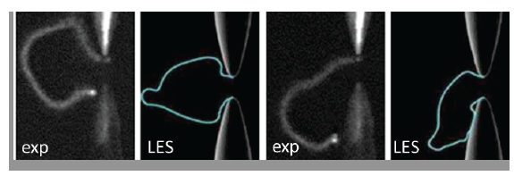 Fig. 1 - Comparaison expérience vs LES pour deux visualisations de l’arc électrique